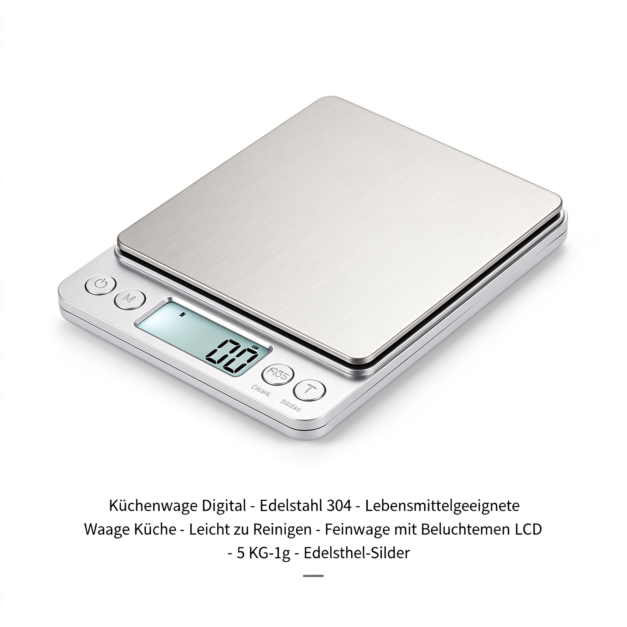 moonmoon ETEKCITY Küchenwaage Digital - Edelstahl 304 - Lebensmittelgeeignete Waage Küche - Leicht zu Reinigen - Feinwaage mit Beleuchtetem LCD-Klare und gut Lesbare Kithchen Scale - 5 KG-1g - Edelstahl-Silber